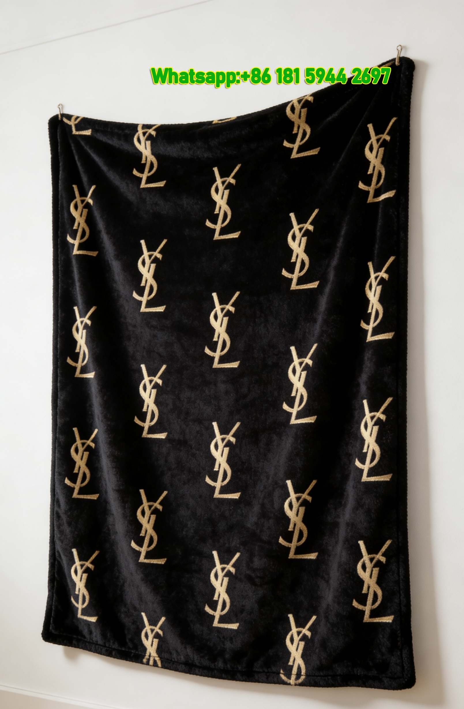 Yves Saint Laurent YSL Black Gold Monogram All Over Printed Flannel Sofa Throw Blanket IMG_3218